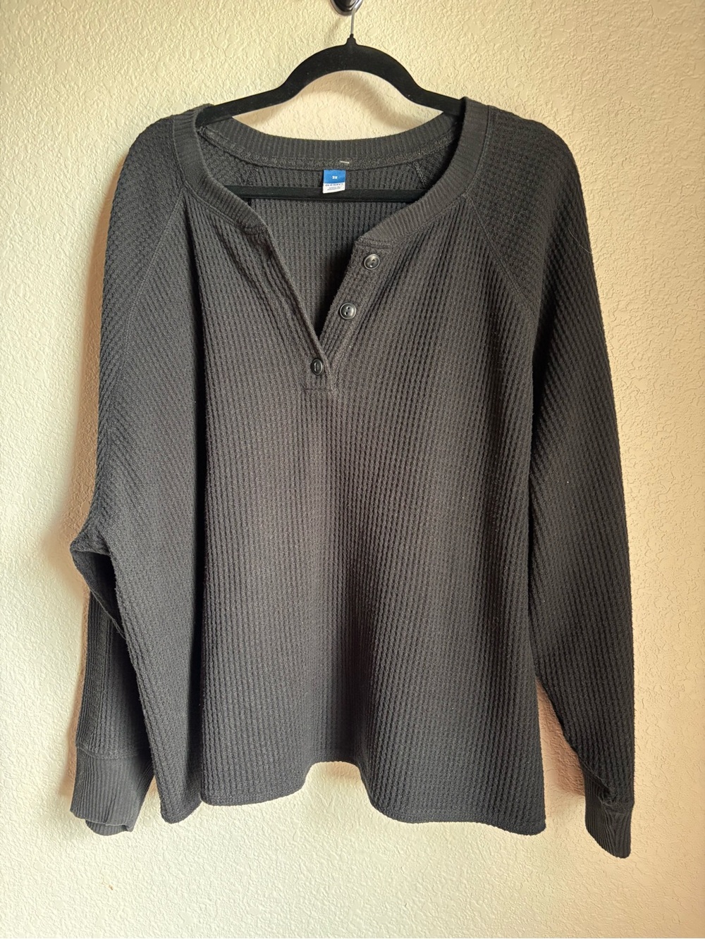 Old Navy women’s Black Waffle-Knit Henley Crewneck Oversized Shirt Cozy Warm 3X